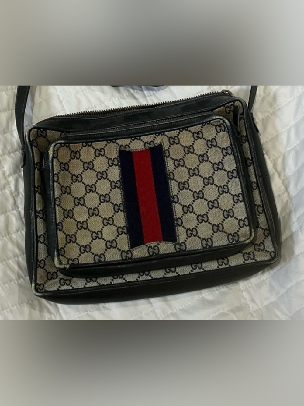 Gucci GG Supreme Canvas Crossbody Red and Navy Web Stripe Vintage Estate